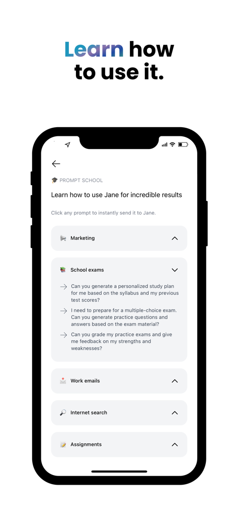 Jane AI assistant interface showing the Prompt School feature with predefined AI prompt categories for productivity