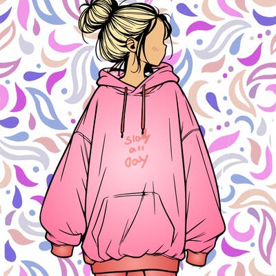 realistic girl with a oversized sweatshirt on and a bun