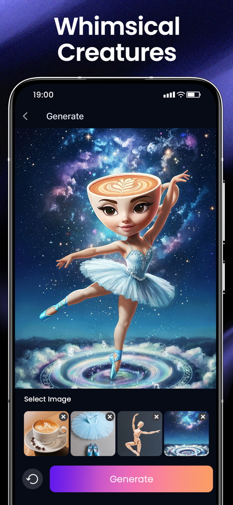 SeaArt: AI Photo & Video Maker - Interface do gerador SeaArt AI mostrando uma bailarina surreal com uma xícara de café na cabeça dançando em um cenário cósmico