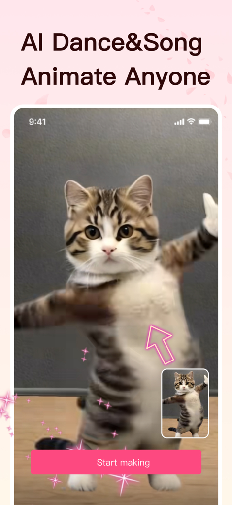FaceArt -AI Photo & Video Edit - Screenshot of FaceArt app showing the AI Dance and Song feature with an animated cat.