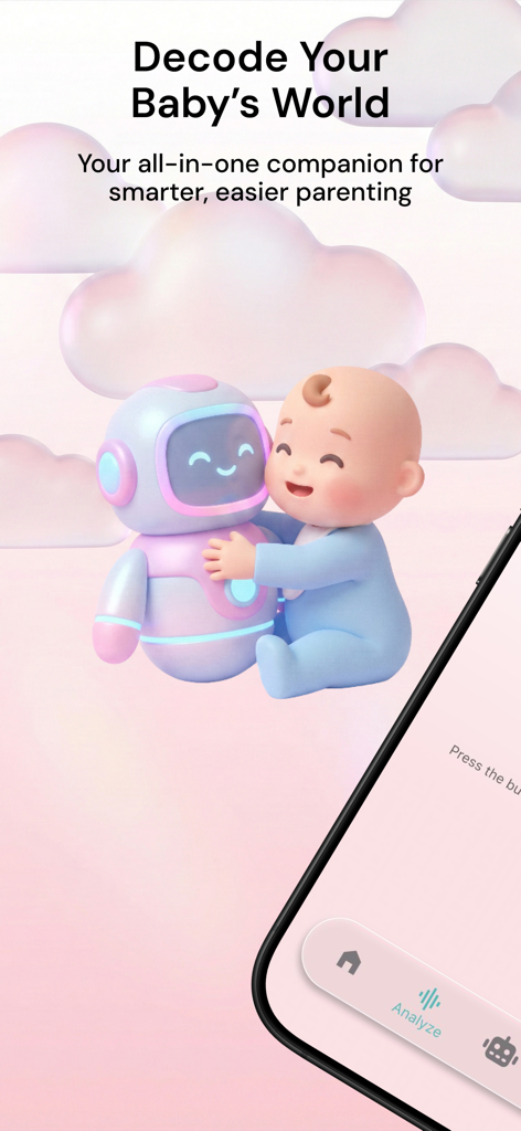 BabyNena: AI Baby Care - Un bebé abrazando una mascota robot entre nubes rosas con el texto Decodifica el mundo de tu bebé