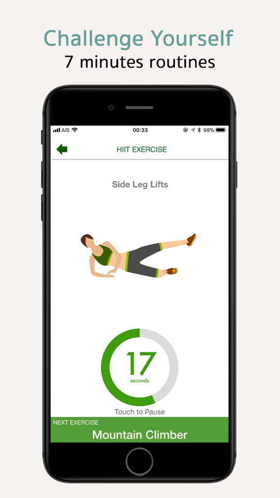 7-Minute Workout and Calm Mind - A mobile app interface showing a 7-minute HIIT routine with a side leg lift exercise and timer