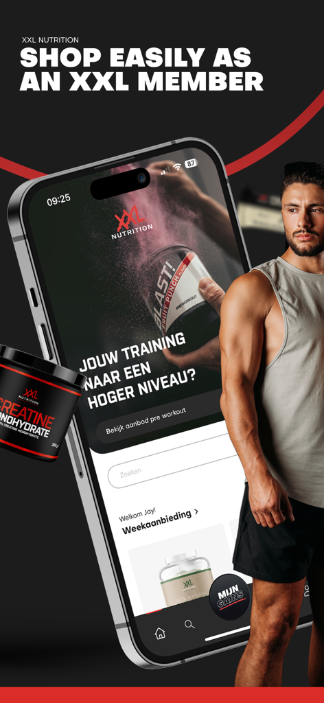 XXL Nutrition mobile app interface showing fitness supplements and member shopping benefits
