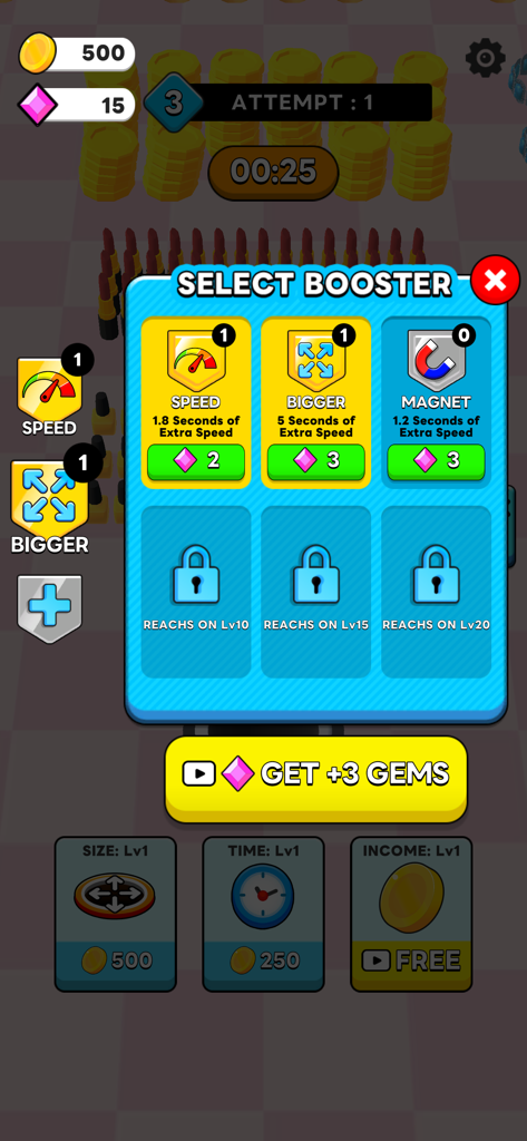 Money Hole! - Money Hole app screenshot showing the booster selection menu with speed bigger and magnet power ups