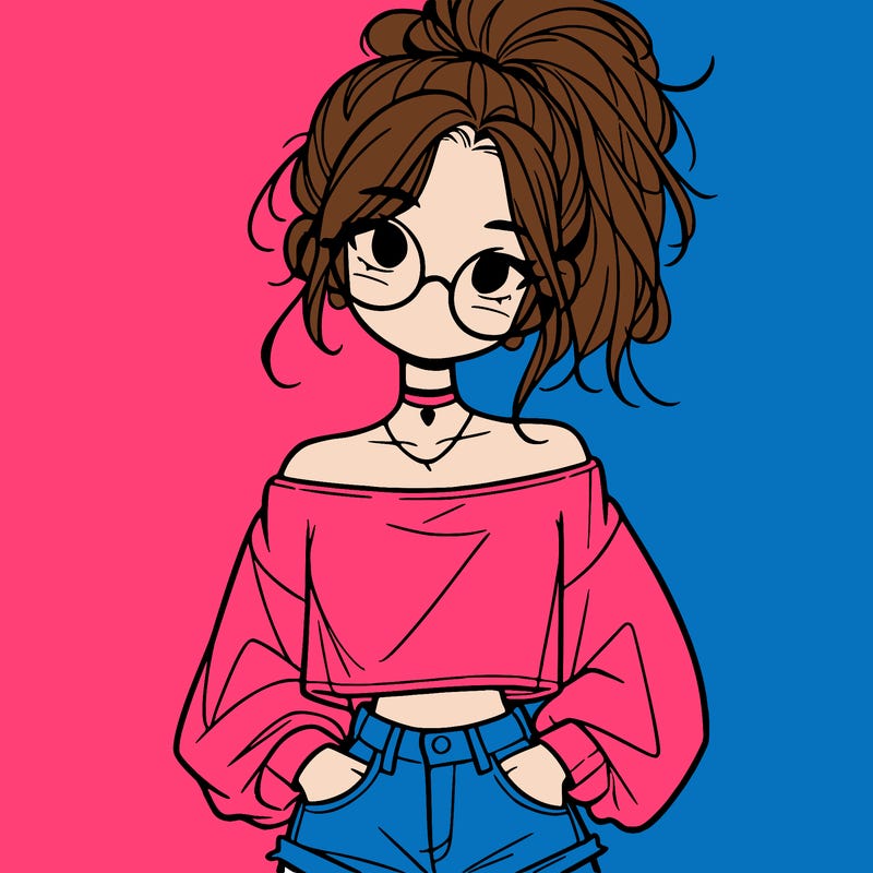 girl with a messy ponytail glasses a baggy crop top and jean shorts