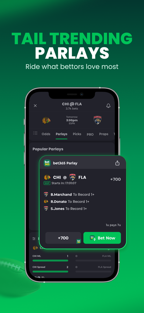 トレンドのパーレイベッティングの選択肢とオッズを表示しているAction Networkアプリのスクリーンショット