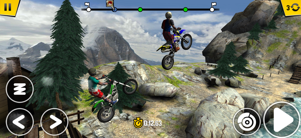 Two dirt bike riders racing through a rocky mountain level in Trial Xtreme 4