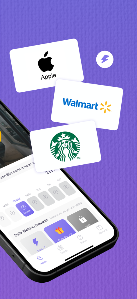 Interface do aplicativo WalkWork em um smartphone exibindo recompensas diárias de caminhada e vales-presente para Apple Walmart e Starbucks
