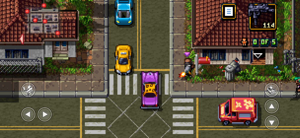 Shakedown: Hawaii - Uma visão top-down de 16 bits de uma rua da cidade com carros em Shakedown Hawaii