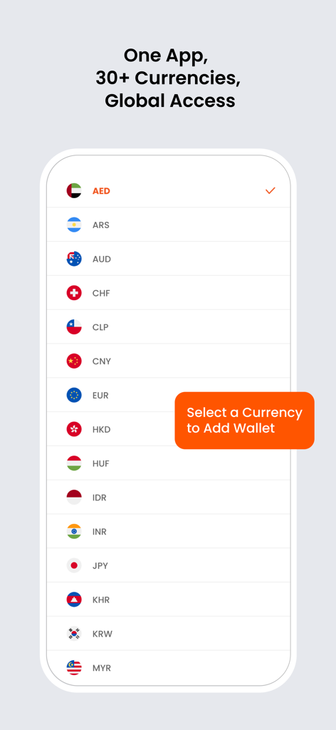 STICPAY - 디지털 지갑에서 사용할 수 있는 다양한 글로벌 통화를 표시하는 STICPAY 앱 인터페이스.