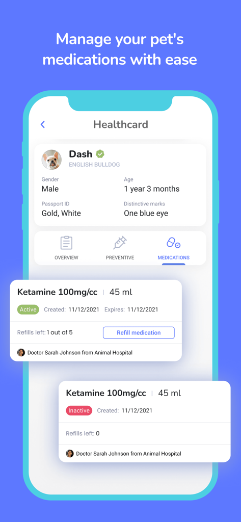 Digitail - Smarter Pet Care - Digitailアプリのモバイルインターフェースには、薬の追跡と補充履歴が含まれるペットの健康カードが表示されています