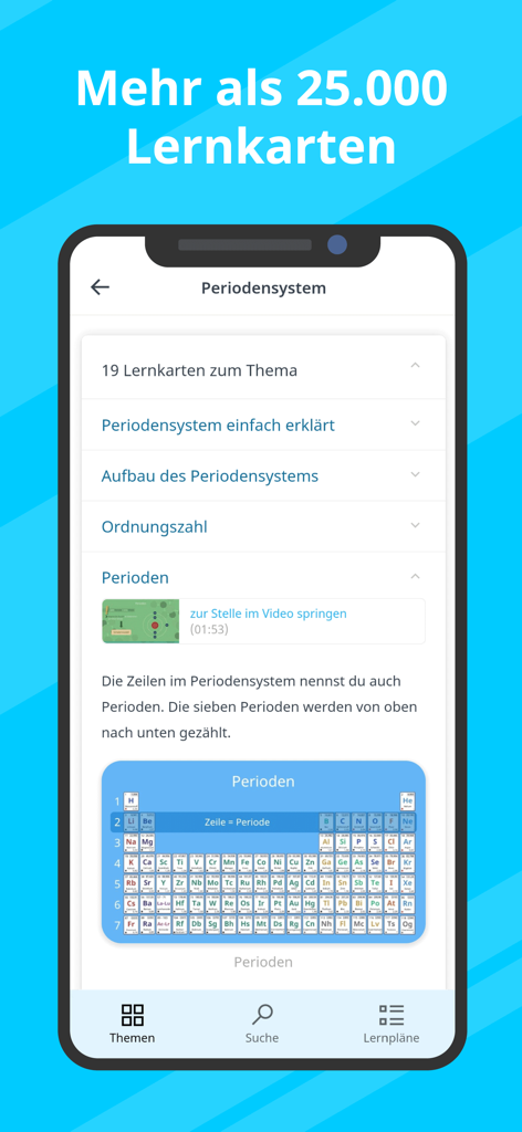 Studyflix app screenshot showing a periodic table lesson with chemistry flashcards