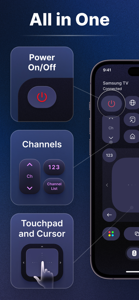 Universal TV Remote Control・ - Smartphone screen showing universal TV remote app interface with power, channel controls, and a navigation touchpad.