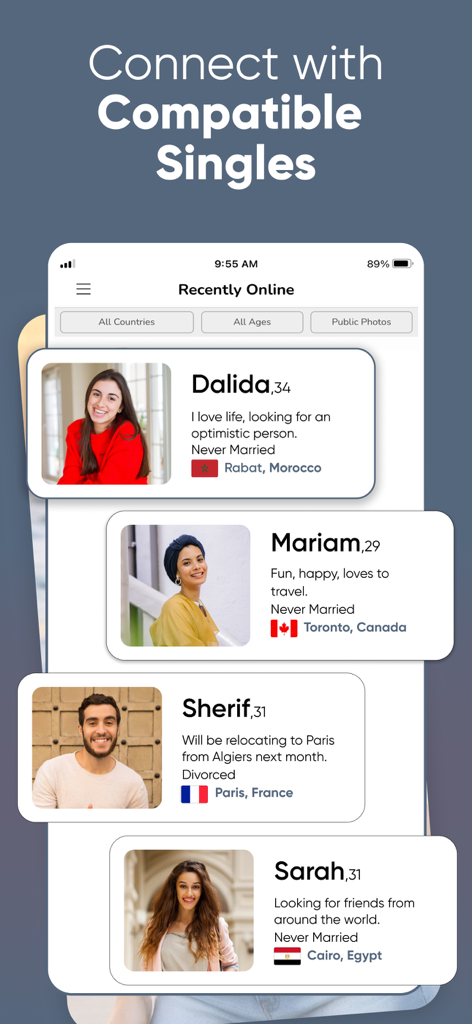 Screenshot of the buzzArab dating app showing profiles of Arab and Muslim singles from different countries.