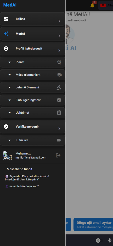 MetiAi - Side menu of the MetiAi German learning app showing different lesson modules and AI features.