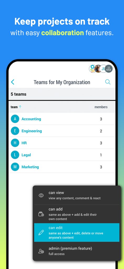 Bublup - Bublup app screen showing organizational teams and a menu for setting user access permissions like view add or edit.