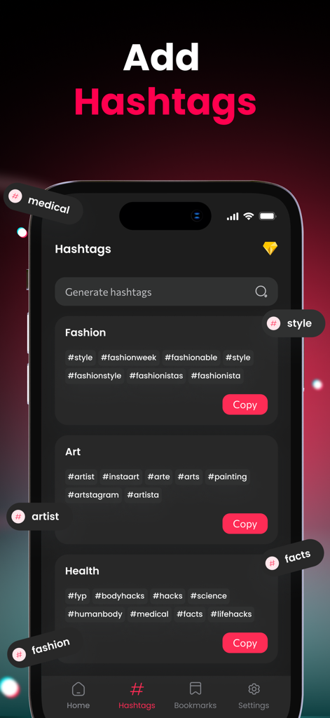 Tik Saverアプリのインターフェース。ソーシャルメディアコンテンツ用のカテゴリ別ハッシュタグを表示しています。
