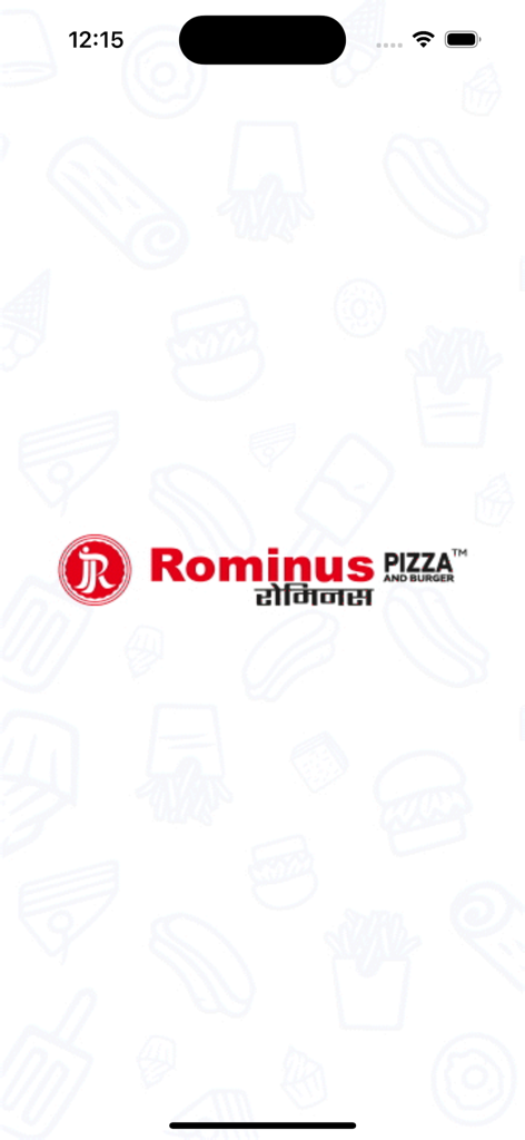 Rominus Pizza - Rominus Pizza and Burger app splash screen featuring the official brand logo on a white background with food illustrations.