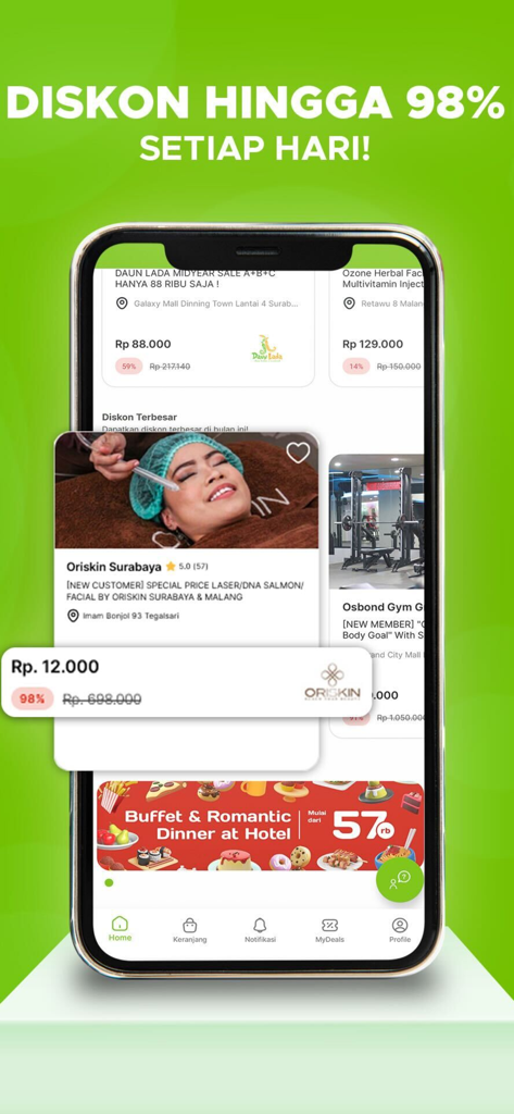 DealJava - DealJava mobile app interface displaying daily deals and vouchers for beauty and dining services with discounts up to 98 percent