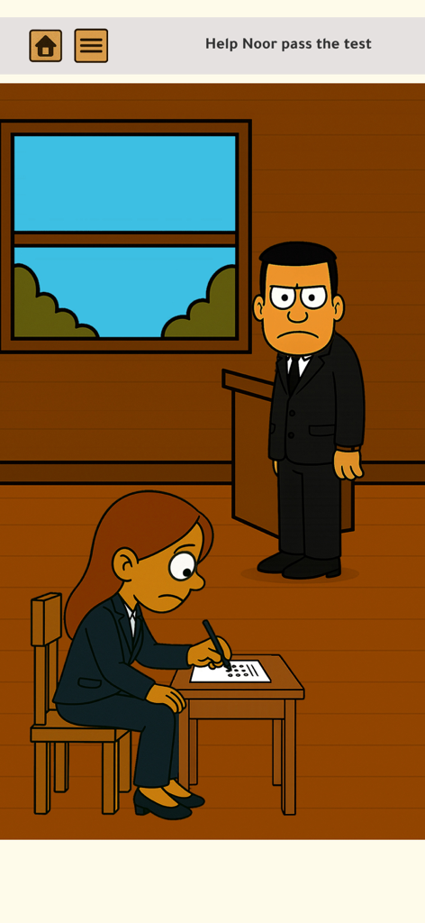 A cartoon puzzle level in Zain's Hero Story where character Noor is taking a test in a classroom with a teacher watching