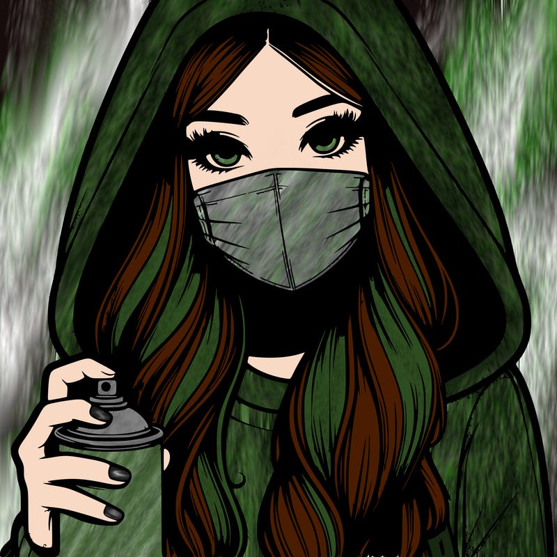 girl wearing a mask with long hair with her hood up spray-painting realistic