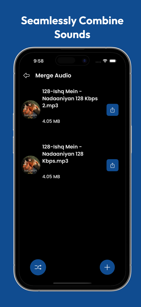 Vocal Remover & Karaoke Maker - A mobile interface for merging audio files and combining sounds within the app.
