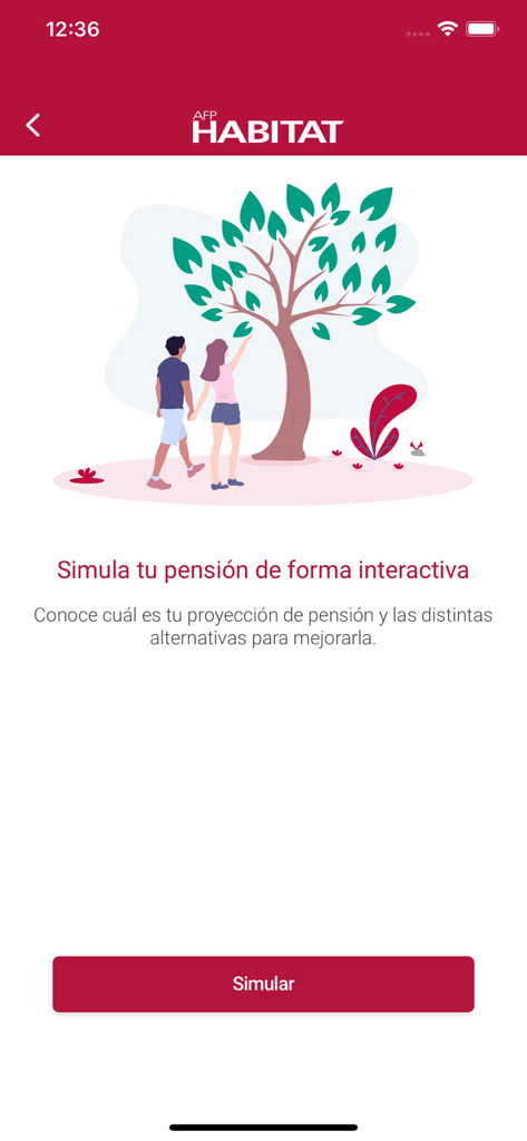 Una pantalla de la aplicación AFP Habitat Chile que muestra una función interactiva de simulación de pensión con una ilustración de una pareja junto a un árbol.
