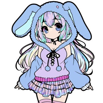 pretty anime girl wearing a fluffy hoodie with bunny ears on the hood and a skirt