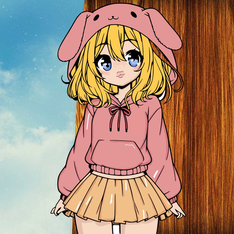 pretty anime girl wearing a fluffy hoodie with bunny ears on the hood and a skirt