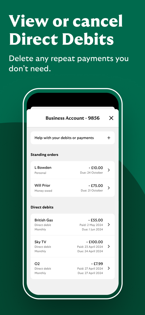 Uma tela móvel mostrando o recurso de gerenciamento de Débitos Diretos e Ordens Permanentes no aplicativo Lloyds Business Banking.