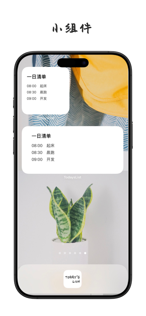 TodaysList - 您的一日生活管家 - Widgets de iOS de TodaysList que muestran una lista de tareas diarias en una pantalla de inicio de iPhone minimalista