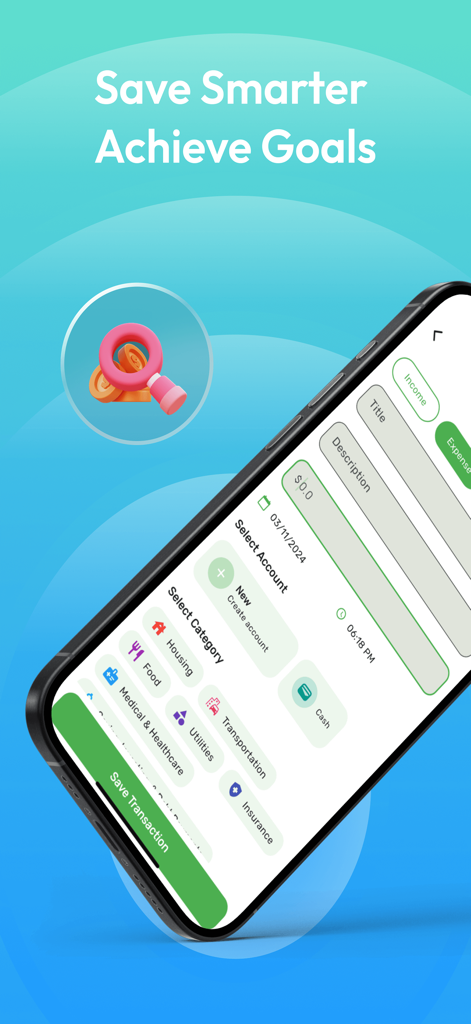 Mobile app interface for tracking expenses and income with category selection