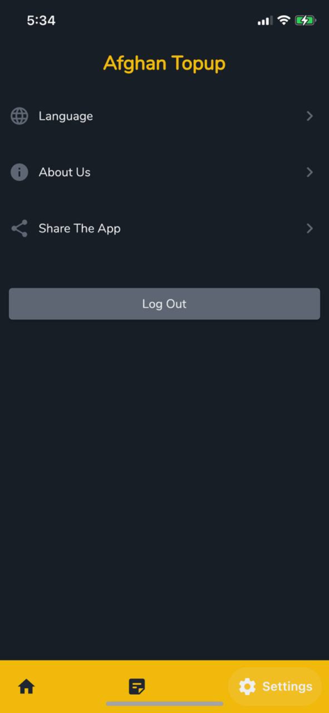 Afghan Topup - Settings screen of the Afghan Topup app showing options for language, about us, and sharing the app