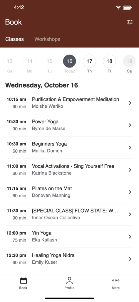 THE YOGA BARN BALI - Daily class schedule screen for The Yoga Barn Bali mobile app