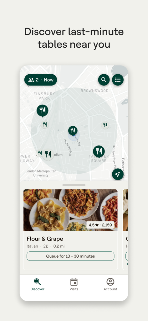 Dojo: Dining Experiences - Tela do aplicativo móvel Dojo mostrando um mapa de restaurantes próximos e um botão de fila virtual para Flour and Grape.
