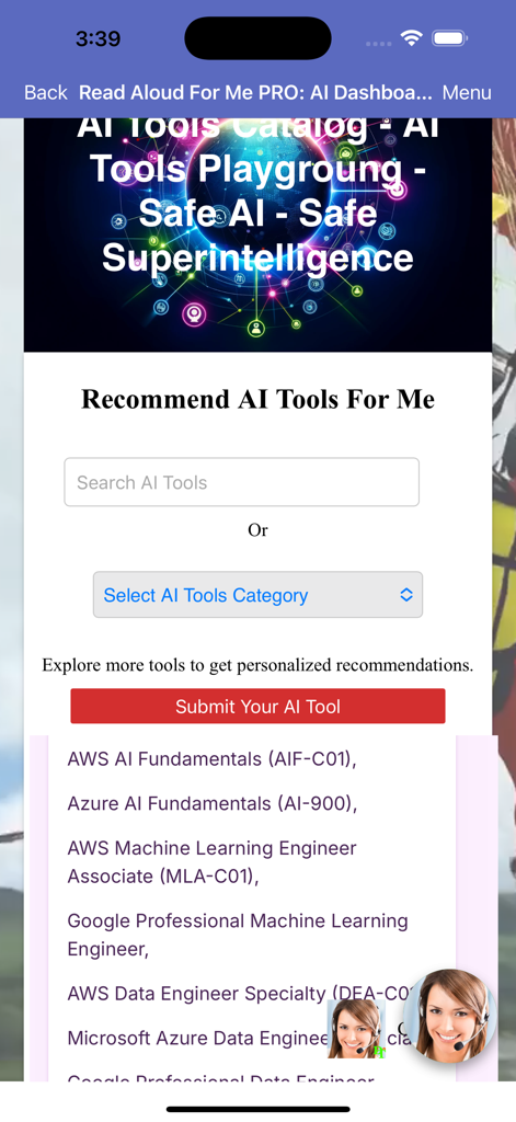 A mobile app screen titled Recommend AI Tools For Me showing a search bar and category selector for an AI tools catalog.