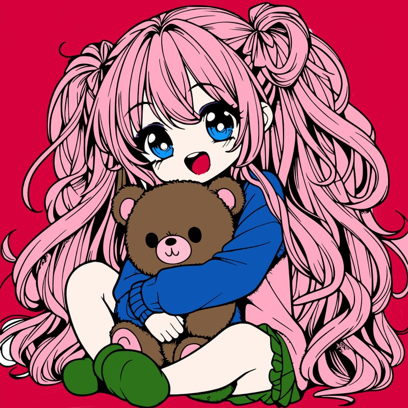 manga girl, long curly hair, happy, cuddling a teddy bear