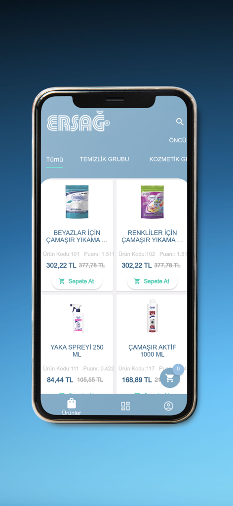 Ersağ - Product listing screen of the Ersag mobile app showing various household cleaning supplies