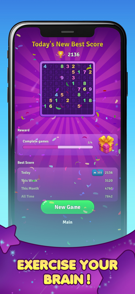 Number Match : Ten Pair - Score screen of Number Match Ten Pair puzzle game showing high scores and brain training message.