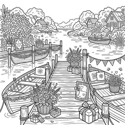 Immerse yourself in a heartwarming Mother's Day scene with this delightful coloring page featuring beautifully adorned river docks. Celebrate mom by bringing this tranquil waterside celebration to life with your favorite colors.