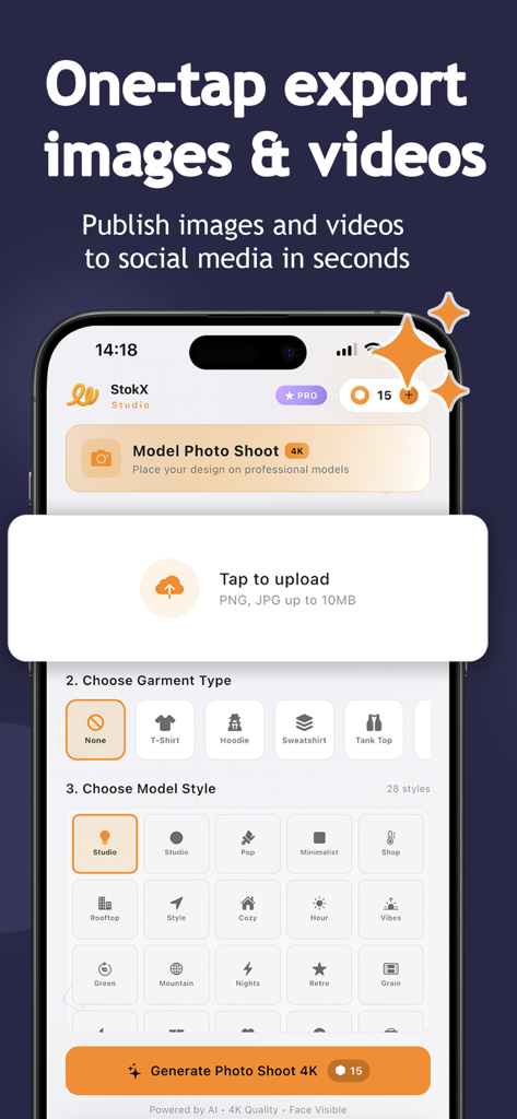 StokX:3DMockups Clothes Design - Pantalla de la aplicación StokX mostrando opciones para elegir tipos de prendas y estilos de modelo para generar maquetas de moda en 4K.