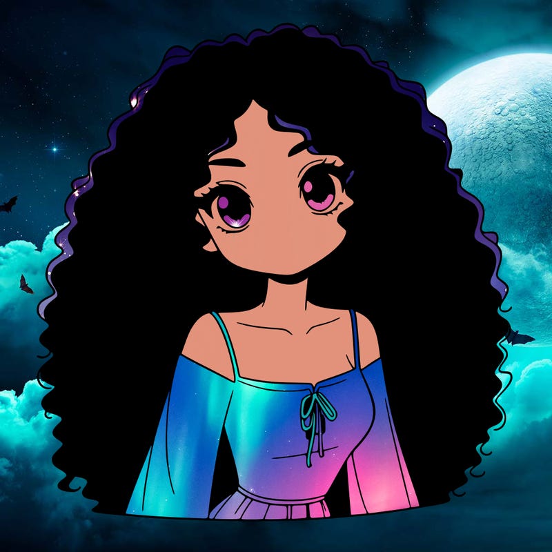 a black anime girl with long afro hair