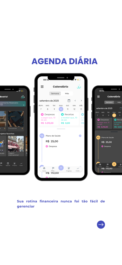 We Finance - Tre schermate di smartphone che mostrano l'agenda giornaliera condivisa dell'app We Finance e le funzionalità di monitoraggio finanziario per le coppie.