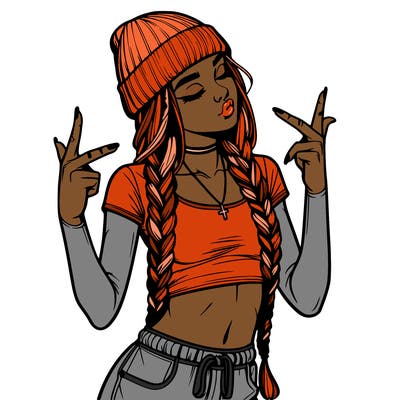 realistic teenage girl with braids and a beanie and crop top doing 🫶🏼