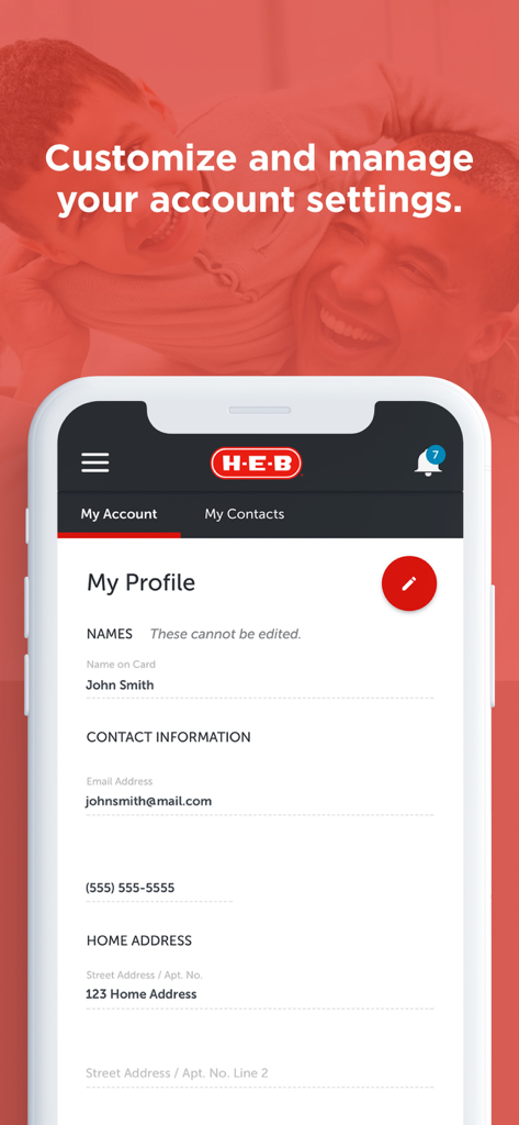 HEB Prepaid app interface showing the My Profile section for managing account details