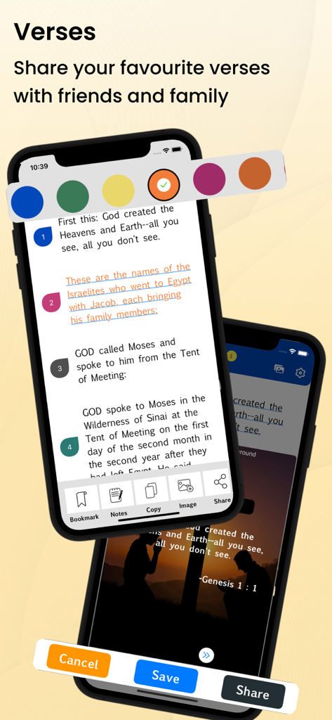 Interface of the Holy Bible Message Bible app showing verse highlighting and social sharing features.