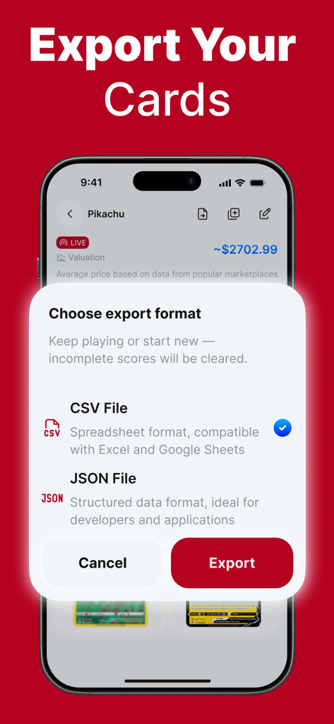 TCG Card Value Scanner - DEX - Interface of the TCG Card Value Scanner DEX app showing the export cards feature with CSV and JSON file format options.