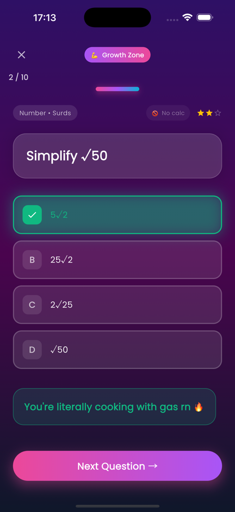 MathsVibes - MathsVibes App Benutzeroberfläche, die eine Multiple-Choice-Mathematik-Quizfrage zur Vereinfachung von Surds mit ausgewählter richtiger Antwort zeigt.