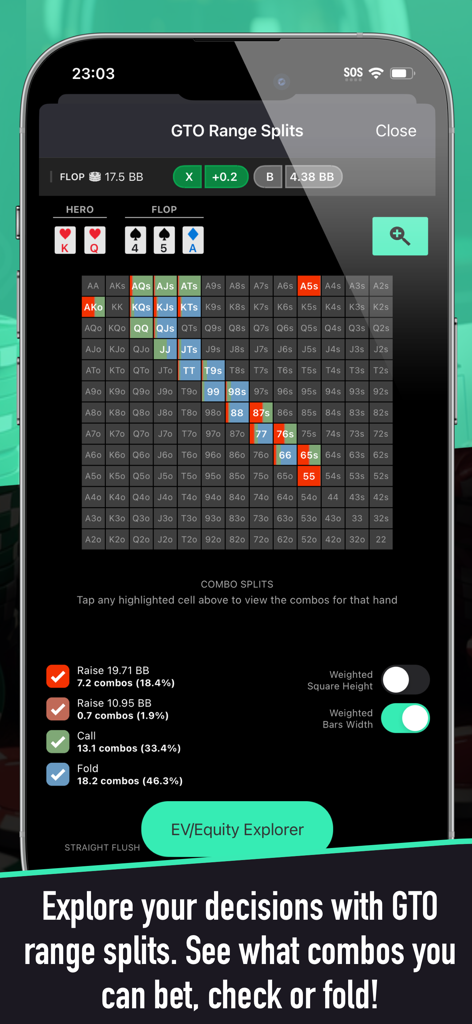 Interface móvel mostrando divisões de range GTO e matriz de estratégia de mãos no aplicativo Poker Solver plus.