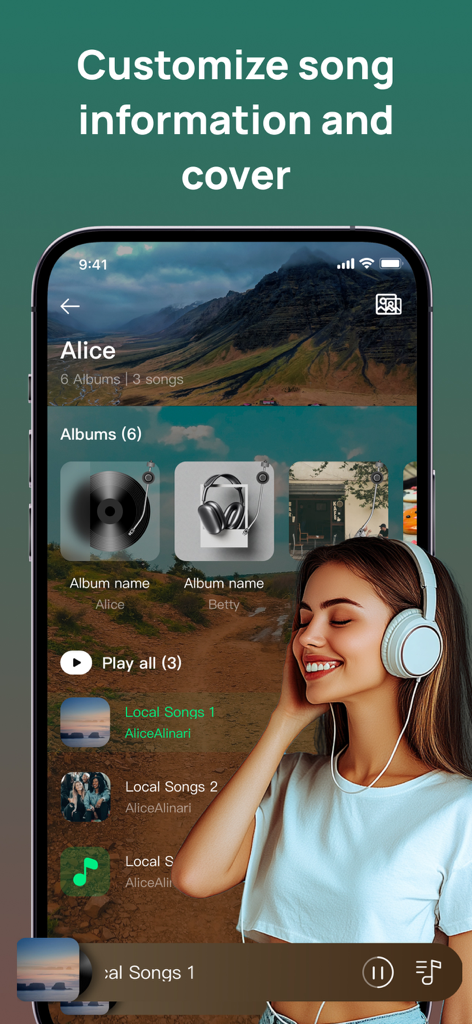 Offline Music Player ‣Play MP3 - Interface of a music player showing how to customize song information and album covers